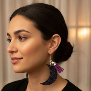 ARTISAN & HANDCRAFTED 2" Wood Crecent Moon Dangle Pierced Earrings W/ Tassles